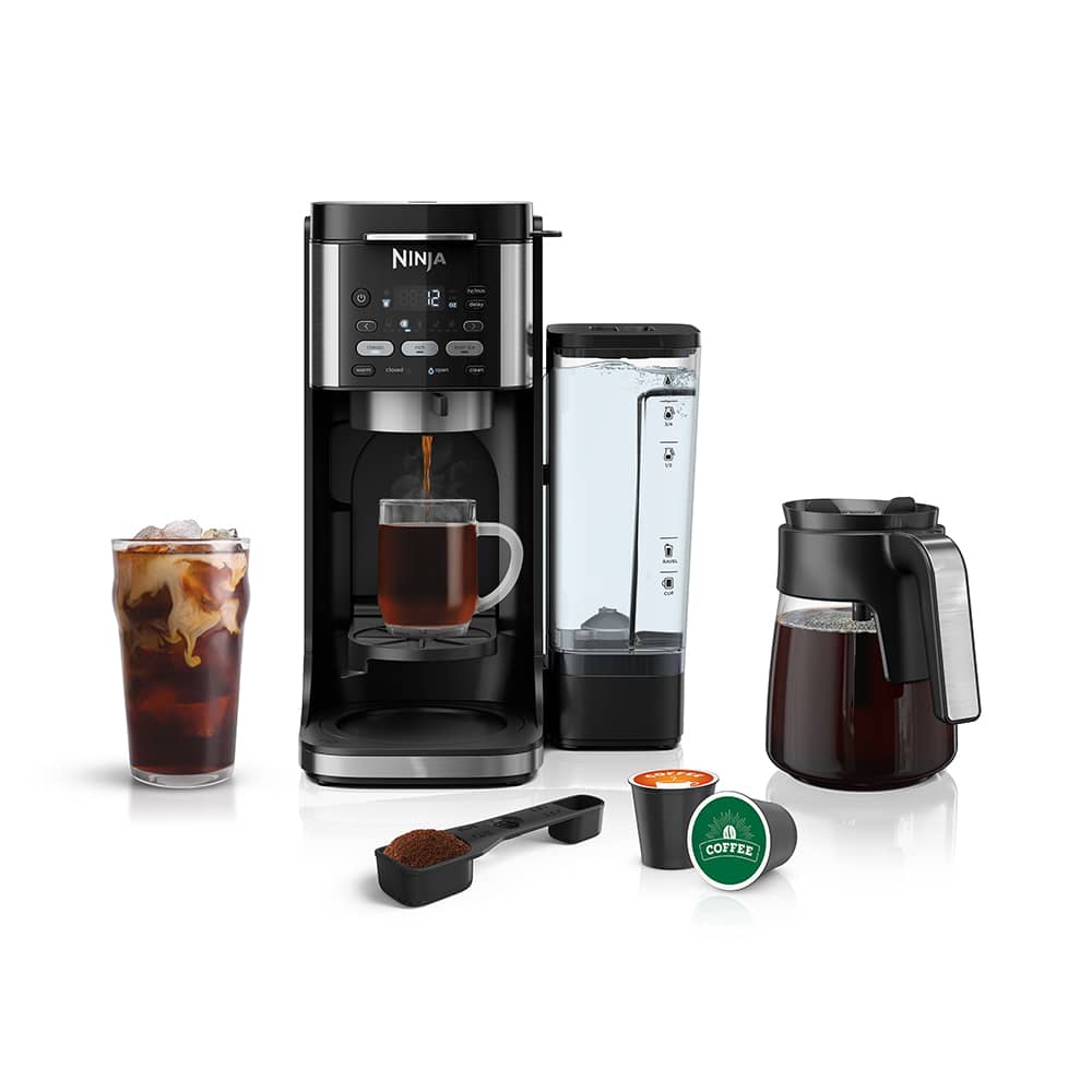 Ninja CFP101 DualBrew Hot & Iced brewer with glass carafe, removable reservoir, grounds and pod adapters