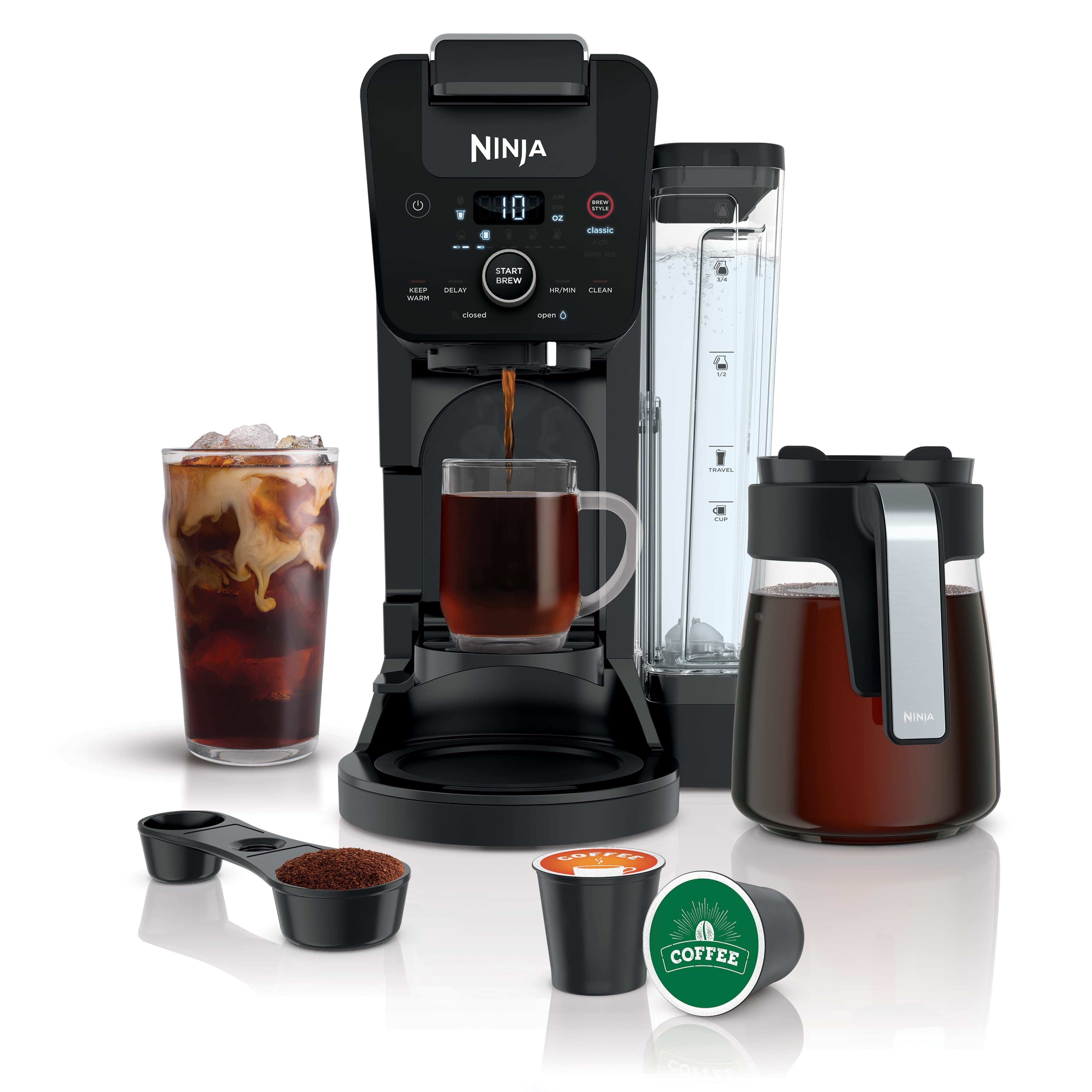 Black Ninja CFP201 DualBrew brewer with removable 60-ounce reservoir and glass carafe