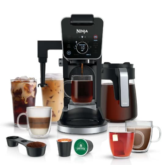 Ninja CFP300 DualBrew Pro with a glass carafe and removable reservoir; staged drinks and accessories are not a box list