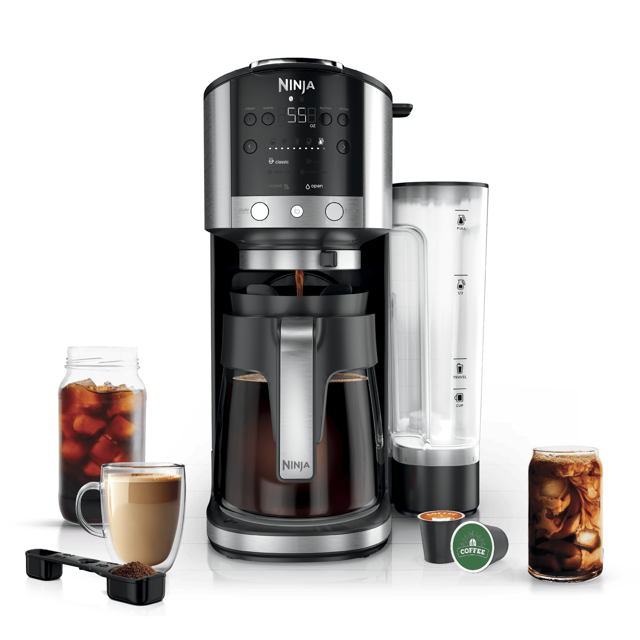 Stainless-steel Ninja DualBrew GP161 coffee maker with removable side reservoir and glass carafe