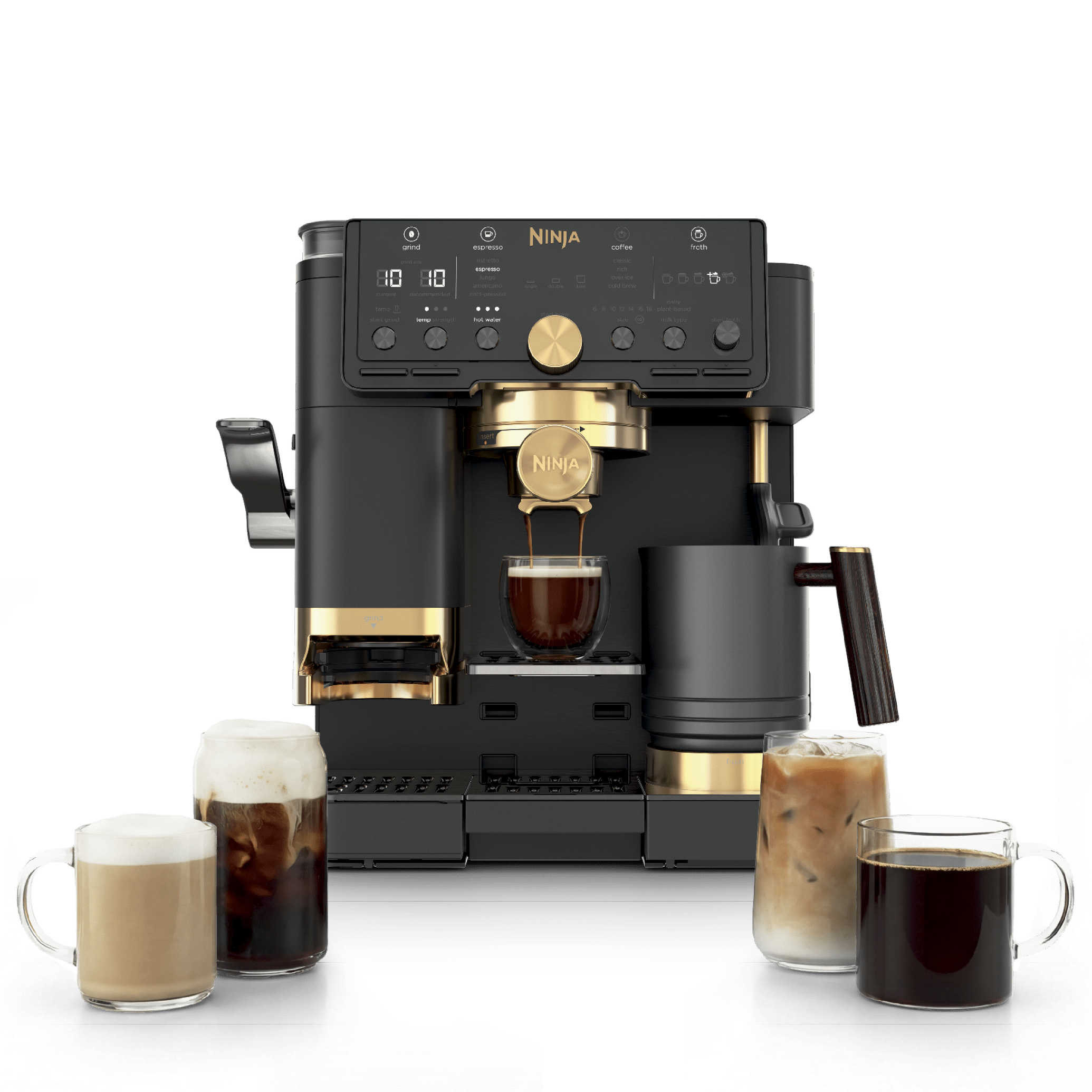 Ninja Luxe Café Pro ES771BK in Black & Gold, with gold accents and ebony-wood-finish jug handle