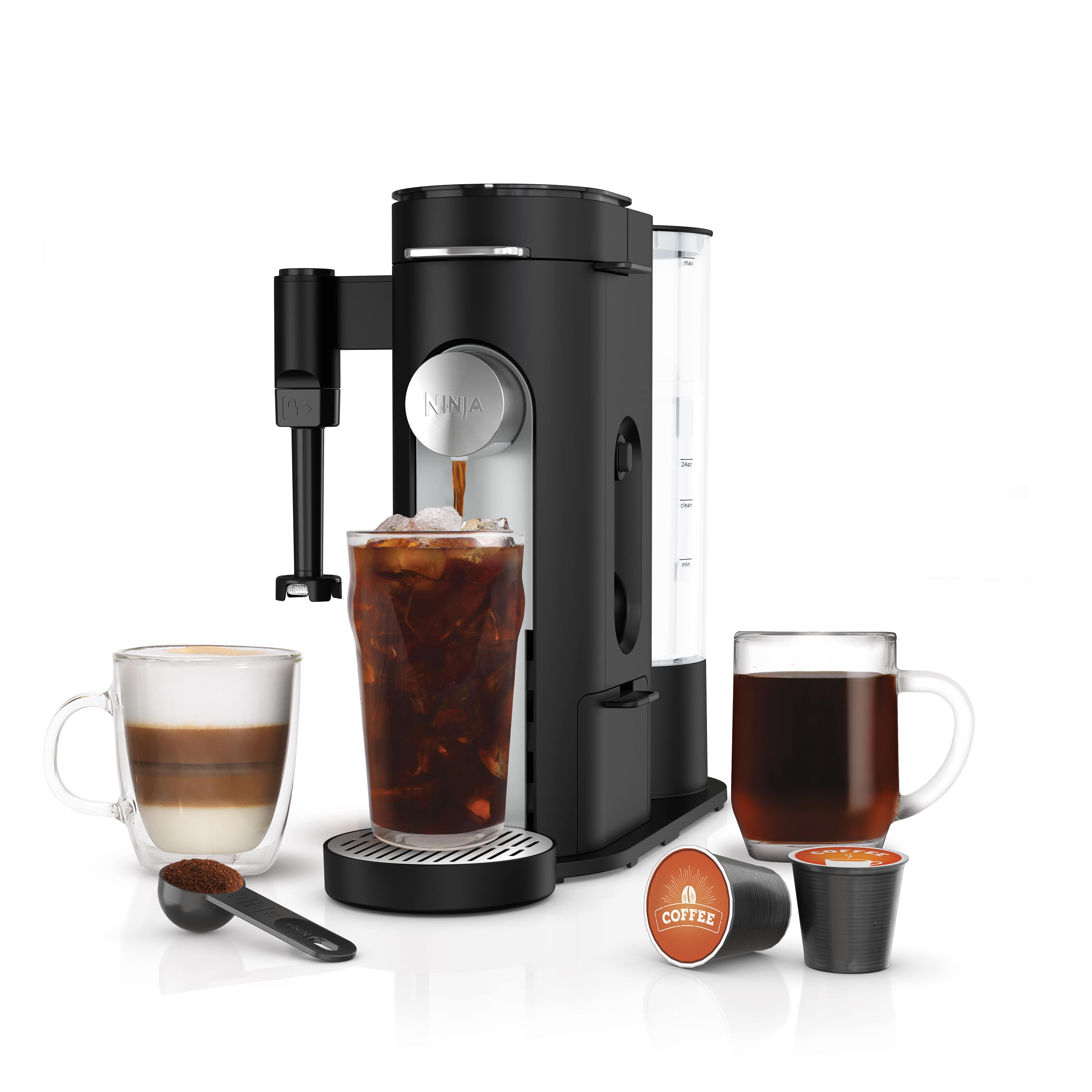 Black Ninja PB051 single-serve coffee maker with removable reservoir, cup platform and fold-away whisk frother