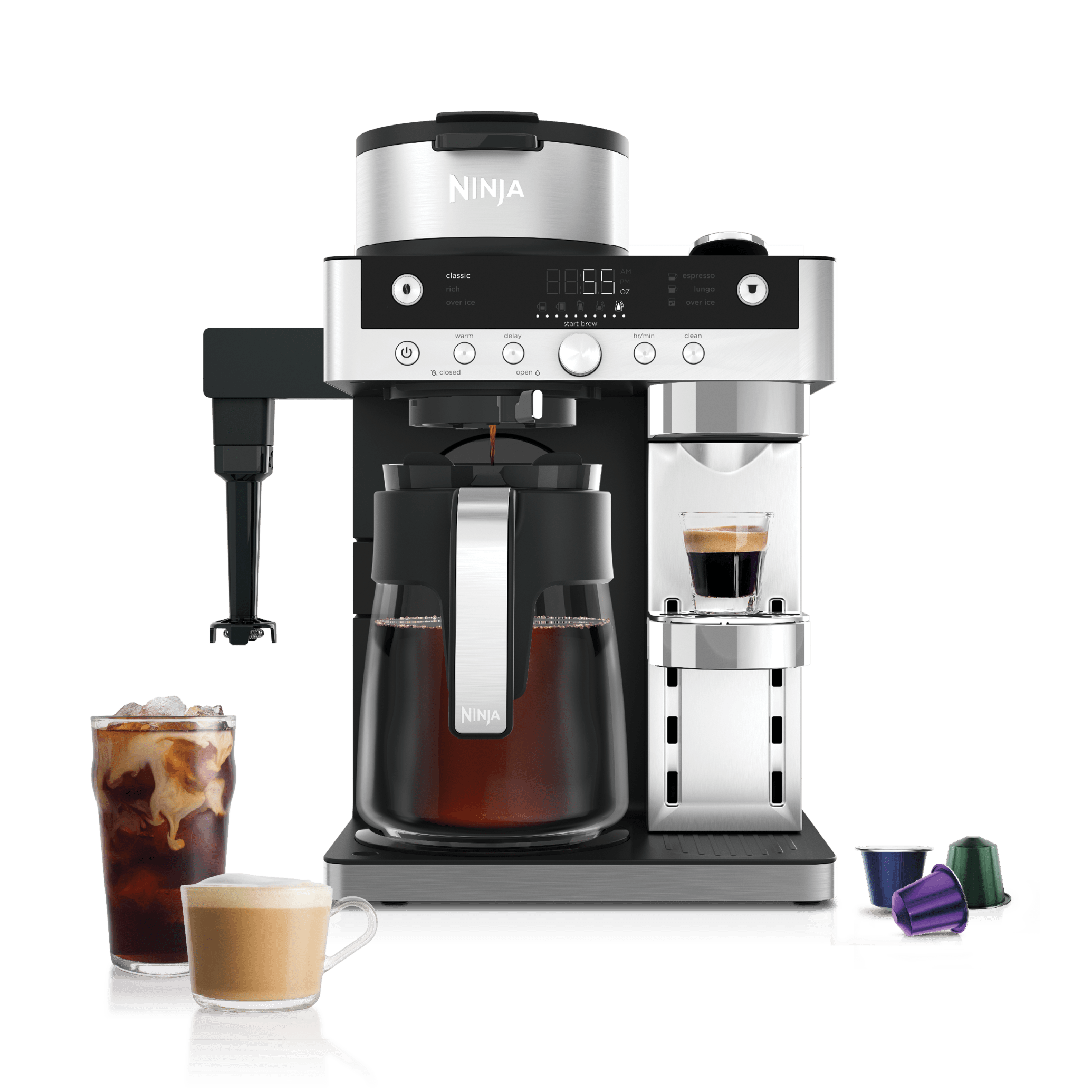 Ninja CFN801 Prestige Dual Brew grounds-and-espresso-capsule coffee maker with glass carafe and attached fold-away whisk